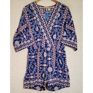 Japna Floral Shorts Romper‎ Medium Pockets Short Sleeve Lined VNeck 0760